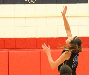 Lakeview junior Lindsay Carnahan (20) goes up for the layip while Fitch senior guard Allexis Sallee (23) watches during the first quarter as the Fitch Falcons take on the Lakeview Bulldogs at the Austintown Fitch High School Gymnasium  in Austintown on Wednesday, Jan. 4, 2017. Lakeview won, 44-36...(Nikos Frazier | The Vindicator)..