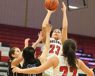 Fitch guard Allexis Sallee (23) jumps up towards the basket during the second quarter as the Fitch Falcons take on the Lakeview Bulldogs at the Austintown Fitch High School Gymnasium  in Austintown on Wednesday, Jan. 4, 2017. Lakeview won, 44-36...(Nikos Frazier | The Vindicator)..