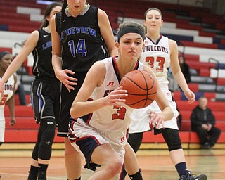 Fitch guard Gina DiFrancesco (3) falls after bumping into Lakeview senior Camie Becker (14) during the second quarter as the Fitch Falcons take on the Lakeview Bulldogs at the Austintown Fitch High School Gymnasium  in Austintown on Wednesday, Jan. 4, 2017. Lakeview won, 44-36...(Nikos Frazier | The Vindicator)..