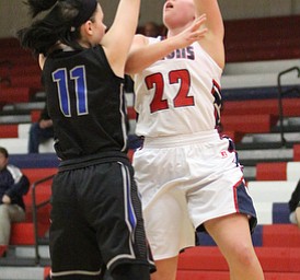 Fitch senior forward Natalie Lynn (22) shot is blocked by Lakeview senior Madison Meeker (11) during the third quarter as the Fitch Falcons take on the Lakeview Bulldogs at the Austintown Fitch High School Gymnasium  in Austintown on Wednesday, Jan. 4, 2017. Lakeview won, 44-36...(Nikos Frazier | The Vindicator)..