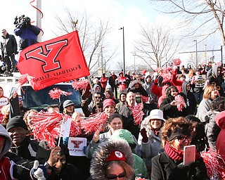       ROBERT K. YOSAY  | THE VINDICATOR..a crowd of over 400  ...team members get high fives as they board the buses from fans and cheerleaders ..YSU Fans  gathered at Youngstown State University to  send off the Penguins to the FCS National Championship in Frisco, Texas against James Madison University. - ...- -30-...