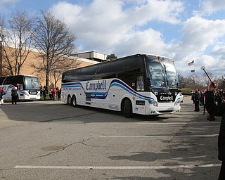        ROBERT K. YOSAY  | THE VINDICATOR..double trouble as two ysu penguin busses take off for frisco..YSU Fans  gathered at Youngstown State University to  send off the Penguins to the FCS National Championship in Frisco, Texas against James Madison University. - ...- -30-...