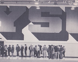 YSU TICKETS ON SALE- THE LIN FROM THE TICKET OFFICE STRETCHES INTO A GUM UNDERNEATH STAMBAUGH STADIUM.