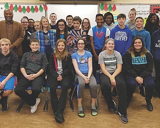 SPECIAL TO THE VINDICATOR
Brookfield Middle and High School students participated in a diversity training session as part of their participation in Project Mosaic with Michael Douglas of Diversity Initiatives Inc. Students learned about issues of intolerance and bullying by using hands-on activities and role playing to prepare for situations that present themselves. Additional training will be offered in this month. Participating in the session were Douglas, second from left in back, with teachers Melanie Horn, left, and Brad Harnett, far right. High school students were Bailey Drapola, Taeyana Ashley and Akaia Oatis. Seventh graders included Cameron Wellman, Abby Hill, Anna Reichart, Tasha Oviatt, Rachael Kaiser, Bruce Whitacre, Kaden Lowe and Crystal Kowalsky; and eighth graders Matt Breighner, Maddie Evans, Ciara Sinkuc, J.P. Webb, Kadon Torres, Kaelyn Johns, Shae Brown, Jasmyn Foist, Haden Gibson, Jordan Sheehan and Riley Brantley.