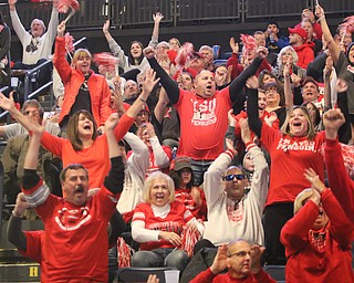        ROBERT K. YOSAY  | THE VINDICATOR..TOUCHDOWN... the crowd stands and celebrates the first touchdown....a near capacity crowd watched as YSU battled James Madison for the Championship- finally falling behind before the half and never caught up- ..