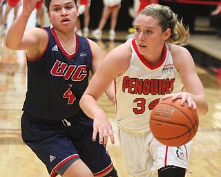 William D. Lewis The Vindicator YSU's Morgan Brunner(34) drives around UIC's Laura Litchfield(4during Jan 12 , 2017 action at YSU.