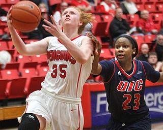 William D. Lewis The Vindicator YSU's Kelley Wright(35) drives around UIC's Desiree Jackson(23) during Jan 12 , 2017 action at YSU.