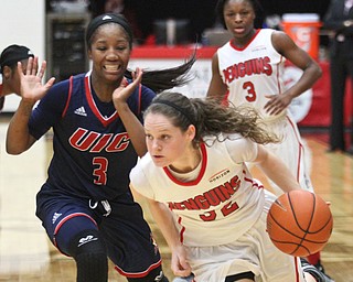 William D. Lewis The Vindicator YSU's Jenna Hirsch(32) drives around UIC's TBrittany Byrd(3) during Jan 12 , 2017 action at YSU.