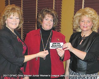 SPECIAL TO THE VINDICATOR
Rebecca Edwards, center, Trumbull County Mobile Meals executive director, receives a check from Becky Bucco, left, first vice president of Warren Junior Women’s League, and Julie Vugrinovich, WJWL president. The check ceremony took place earlier this year at a WJWL meeting. Edwards spoke at the meeting about the history and importance of the mobile meals service.