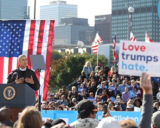 Nikos Frazier | The Vindicator..President Barack Obama speaks at a campaign rally for Democratic presidential candidate Hillary Clinton on Friday, Oct. 14, 2016 at the Cleveland Burke Lakefront Airport in Cleveland, Ohio.