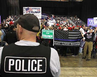 Cleveland, Ohio | Oct. 22, 2016: ..Supporters hold up a "Blue Lives Matter" flag before Republican presidential nominee Donald Trump spoke at the I-X Center on Saturday, Oct. 22, 2016 in Cleveland, Ohio...Nikos Frazier | The Vindicator.