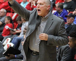 Youngstown State head coach Jerry Slocum yells to his players during the second half as the Youngstown State Penguins take on the University of Illinois at Chicago Flames at the Beeghly Center in Youngstown on Saturday, Jan. 14, 2017. UIC won, 92-89 in Overtime...(Nikos Frazier | The Vindicator)..