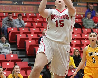 Youngstown State freshman forward Mary Dunn(15) goes up for the layup during the first quarter as the Youngstown State Penguins take on the Valparaiso Crusaders at the Beeghly Center in Youngstown on Saturday, Jan. 14, 2017. Youngstown State won, 76-70...(Nikos Frazier | The Vindicator)..