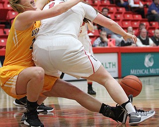 Valparaiso University sophomore center Amber Lindors(24) lets out a face of pain as Youngstown State junior forward Mary Dunn(15) during the first quarter as the Youngstown State Penguins take on the Valparaiso Crusaders at the Beeghly Center in Youngstown on Saturday, Jan. 14, 2017. Youngstown State won, 76-70...(Nikos Frazier | The Vindicator)..