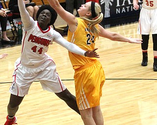 Youngstown State senior forward Tamira Ford(44) goes for the layup during the second quarter as the Youngstown State Penguins take on the Valparaiso Crusaders at the Beeghly Center in Youngstown on Saturday, Jan. 14, 2017. Youngstown State won, 76-70...(Nikos Frazier | The Vindicator)..