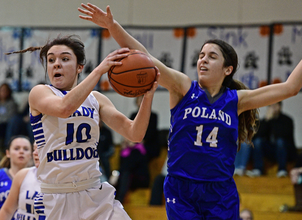 CORTLAND, OHIO - JANUARY 2017: Annie Pavlansky #10 of Lakeview grabs a rebound away from Jillian Penman #14 of Poland during the first half of their game Saturday afternoon at Lakeview High School. DAVID DERMER | THE VINDICATOR