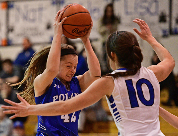 CORTLAND, OHIO - JANUARY 2017: Emily Melnek #42 of Poland makes a move with the ball while being guarded by Annie Pavlansky #10 of Lakeview during the first half of their game Saturday afternoon at Lakeview High School. DAVID DERMER | THE VINDICATOR