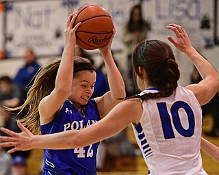 CORTLAND, OHIO - JANUARY 2017: Emily Melnek #42 of Poland makes a move with the ball while being guarded by Annie Pavlansky #10 of Lakeview during the first half of their game Saturday afternoon at Lakeview High School. DAVID DERMER | THE VINDICATOR