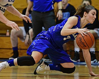 CORTLAND, OHIO - JANUARY 2017: Emily Cammack #3 of Poland falls to the court while dribbling the ball during the first half of their game Saturday afternoon at Lakeview High School. DAVID DERMER | THE VINDICATOR
