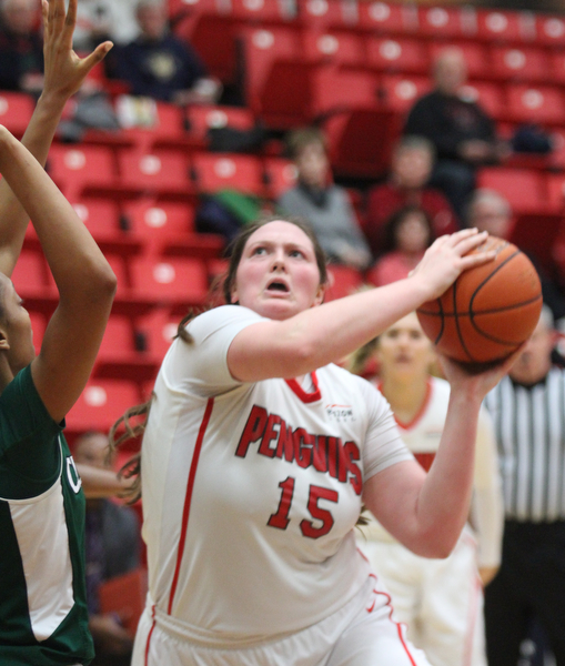 William D. Lewis the vindicator YSU Mary Dunn (15) shoots over CSU's Shadae Bosley(34) during Jan 16, 2017 action at YSU.