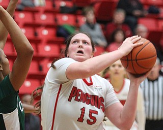 William D. Lewis the vindicator YSU Mary Dunn (15) shoots over CSU's Shadae Bosley(34) during Jan 16, 2017 action at YSU.