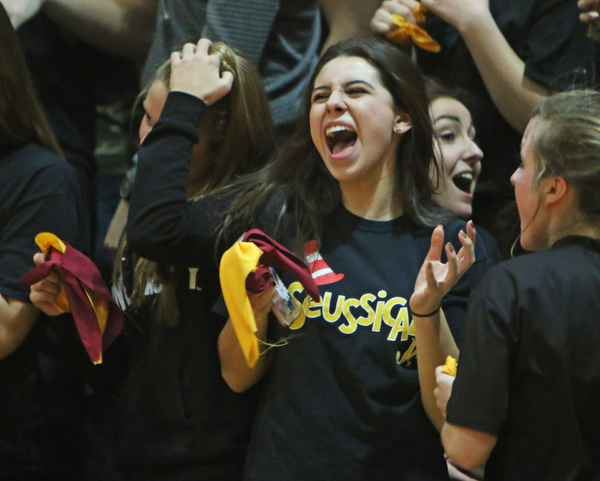 South Range senior Sydney Allegretto celebrates after the Raiders tied the game late in the fourth quarter to send the game into overtime during Tuesday nights matchup at South Range High School.   Dustin Livesay  |  The Vindicator  1/17/17  South Range