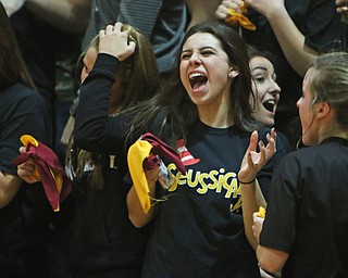 South Range senior Sydney Allegretto celebrates after the Raiders tied the game late in the fourth quarter to send the game into overtime during Tuesday nights matchup at South Range High School.   Dustin Livesay  |  The Vindicator  1/17/17  South Range