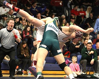 Carlo DeNiro(white) of Boardman is thrown to the mat by Alex Sadowsky(green) of Medina at the Josh Hephner Memorial Wrestling Tournament at Austintown Fitch High School Gymnasium in Austintown on Saturday, Jan. 21, 2017. Sadowsky won by points...(Nikos Frazier | The Vindicator)..