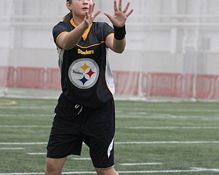 Steelers wide receiver Jenna Olexa(13) of Boardman waits for the pass during practice at the Watson and Tressel Training Site at Youngstown State University in Youngstown on Thursday, Jan. 5, 2017. ..(Nikos Frazier | The Vindicator)..