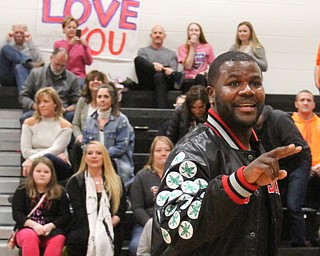 William D. Lewis The Vindicator Former OSU standout Cardale Jones waves to the crowd during a basketbnall game at Mineral Ridge Jan 23, 2017. basketball team. One of the members of McDonald Jr HS girls basketball team Anna Booth(8th grade) was recently was diagnosed with cancer. Jones visited Mondays McDonald at Mineral Ridge game to show support for Anna who didn't attend the game. Jones visited her at her McDonald home before the game. 42 is Anna's number.