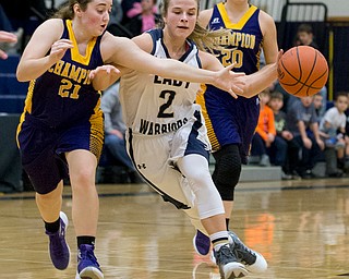 MICHAEL G TAYLOR | THE VINDICATOR- 01-25-17 - Basketball - 2nd qtr., Champion's #21 Abby White causes a steal against Brookfield's #2 McKenzie Drapola. Champion Lady Flashes vs Brookfield Lady Warriors at Brookfield High School in Brookfield, OH
