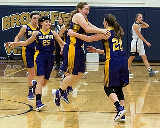 MICHAEL G TAYLOR | THE VINDICATOR- 01-25-17 - Basketball - Champion's #25 Erin Sindledecker, #21 Abby White and #20 Molly Williams celebrate their come from behind victory over Brookfield. Champion Lady Flashes vs Brookfield Lady Warriors at Brookfield High School in Brookfield, OH