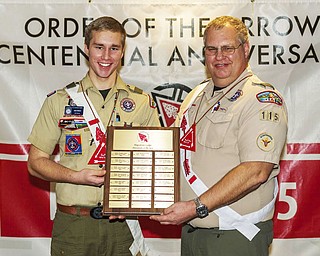 SPECIAL TO THE VINDICATOR: 
At top left, the 2016 Wapashuwi Lodge Arrowman of the Year awards were presented to Seth Welch, left, and his father, Andrew Welch, both of Austintown. They are members of Troop 115 in Canfield. At top right, Conner Orr, left, member of Troop 4075 in Bristolville, recipient of the Wapashuwi Lodge 2015 Steward of the Shadows Award, presented the 2016 award to Jarred Miller of Troop 4143, McDonald. Above left, Jonathan Feigert, left, member of Troop 100 in Hubbard, recipient of the Wapashuwi Lodge 2015 Gary Waldorf Native American Heritage Award, presented the 2016 award to Conner Orr of Troop 4075, Bristolville. And above right, Terri Andrews, left, member of the Headwaters district committee, Willoughby Hills, and Joshua Johnston of Troop 4086, Southington, received the 2016 Wapashuwi Lodge National Order of the Arrow Founders awards for adult and youth.