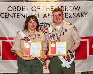 SPECIAL TO THE VINDICATOR: 
Terri Andrews, left, member of the Headwaters district committee, Willoughby Hills, and Joshua Johnston of Troop 4086, Southington, received the 2016 Wapashuwi Lodge National Order of the Arrow Founders awards for adult and youth.