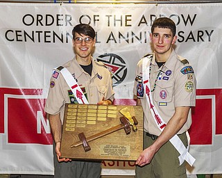 SPECIAL TO THE VINDICATOR: 
Jonathan Feigert, member of Troop 100 in Hubbard, left, recipient of the Wapashuwi Lodge 2015 Gary Waldorf Native American Heritage Award, presented the 2016 award to Connor Orr of Troop 4075, Bristolville.