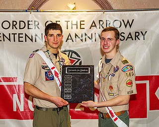 SPECIAL TO THE VINDICATOR: 
Connor Orr, member of Troop 4075 in Bristolville, left, recipient of the Wapashuwi Lodge 2015 Steward of the Shadows Award, presented the 2016 award to Jarred Miller of Troop 4143, McDonald.