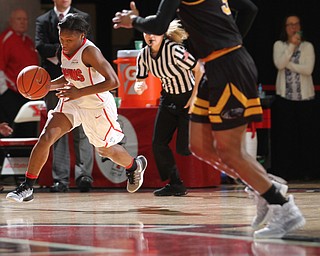 Youngstown State junior guard Indiya Benjamin(3) charges towards the net during the first quarter as the Youngstown State Penguins take on the University of Wisconsin Milwaukee Panthers at the Beeghly Center in Youngstown on Saturday, Jan. 28, 2017. The Panthers won, 78-74...(Nikos Frazier | The Vindicator)..