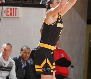 Milwaukee junior guard Bailey Farley(4) goes up for the three during the third quarter as the Youngstown State Penguins take on the University of Wisconsin Milwaukee Panthers at the Beeghly Center in Youngstown on Saturday, Jan. 28, 2017. The Panthers won, 78-74...(Nikos Frazier | The Vindicator)..