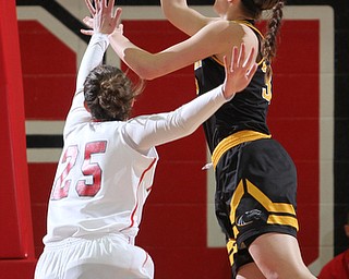 Milwaukee freshman guard McKaela Schmelzer(3) goes up for the layup against Youngstown State junior forward Morgan Olson(25) during the third quarter as the Youngstown State Penguins take on the University of Wisconsin Milwaukee Panthers at the Beeghly Center in Youngstown on Saturday, Jan. 28, 2017. The Panthers won, 78-74...(Nikos Frazier | The Vindicator)..