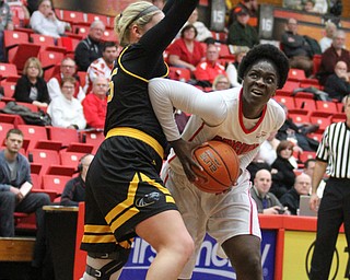 Milwaukee freshman forward Lizzie Odegard(45) screens Youngstown State senior forward Tamira Ford(44) shot during the third quarter as the Youngstown State Penguins take on the University of Wisconsin Milwaukee Panthers at the Beeghly Center in Youngstown on Saturday, Jan. 28, 2017. The Panthers won, 78-74...(Nikos Frazier | The Vindicator)..