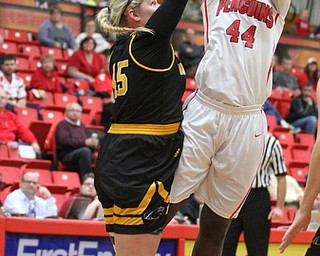 Milwaukee freshman forward Lizzie Odegard(45) screens Youngstown State senior forward Tamira Ford(44) shot during the third quarter as the Youngstown State Penguins take on the University of Wisconsin Milwaukee Panthers at the Beeghly Center in Youngstown on Saturday, Jan. 28, 2017. The Panthers won, 78-74...(Nikos Frazier | The Vindicator)..