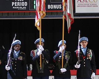 Members of the East High School JROTC present the colors before the Youngstown State Penguins take on the Cleveland State Vikings at the Beeghly Center in Youngstown on Saturday, Jan. 28, 2017. The Penguins won, 67-64...(Nikos Frazier | The Vindicator)..