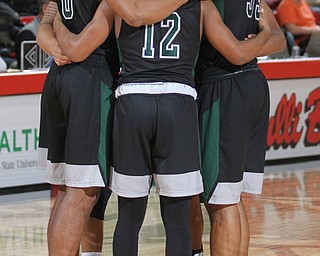 The Cleveland State Vikings huddle before taking on the Youngstown State Penguins at the Beeghly Center in Youngstown on Saturday, Jan. 28, 2017. The Penguins won, 67-64...(Nikos Frazier | The Vindicator)..