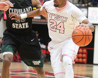 Youngstown State junior guard Cameron Morse(24) dribbles towards the net during the first half as the Youngstown State Penguins take on the Cleveland State Vikings at the Beeghly Center in Youngstown on Saturday, Jan. 28, 2017. The Penguins won, 67-64...(Nikos Frazier | The Vindicator)..