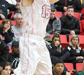 Youngstown State senior guard Brett Frantz(15) goes up for three during the first half as the Youngstown State Penguins take on the Cleveland State Vikings at the Beeghly Center in Youngstown on Saturday, Jan. 28, 2017. The Penguins won, 67-64...(Nikos Frazier | The Vindicator)..