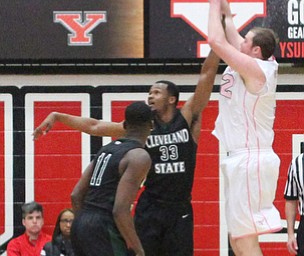 Youngstown State senior center Jorden Kaufman(32) goes up for two during the first half as the Youngstown State Penguins take on the Cleveland State Vikings at the Beeghly Center in Youngstown on Saturday, Jan. 28, 2017. The Penguins won, 67-64...(Nikos Frazier | The Vindicator)..