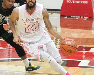 Youngstown State junior guard Francisco Santiago(23) charges towards the net during the first half as the Youngstown State Penguins take on the Cleveland State Vikings at the Beeghly Center in Youngstown on Saturday, Jan. 28, 2017. The Penguins won, 67-64...(Nikos Frazier | The Vindicator)..