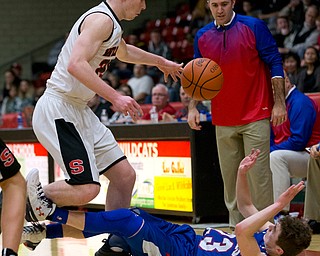 MICHAEL G TAYLOR | THE VINDICATOR- 01-28-17 -Basketball-  4th qtr., Reserve's #23 Cole DeZee causes Struther's #20 Ryan Leonard to turn over the ball.  Western Reserve Blue Devils vs Struthers Wildcats at Struthers High School in Struthers Fieldhouse, Struthers, OH..