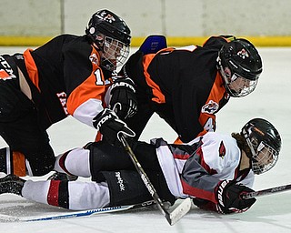 BOARDMAN, OHIO - JANUARY 29, 2017: Robbie Stanko #4 of Canfield is knocked to the ice by Cameron Lucas #4 and Andrew Davidson #19 of Chagrin Falls after he attempted to split the defense during the second period of their game Sunday afternoon at the Ice Zone. DAVID DERMER | THE VINDICATOR
