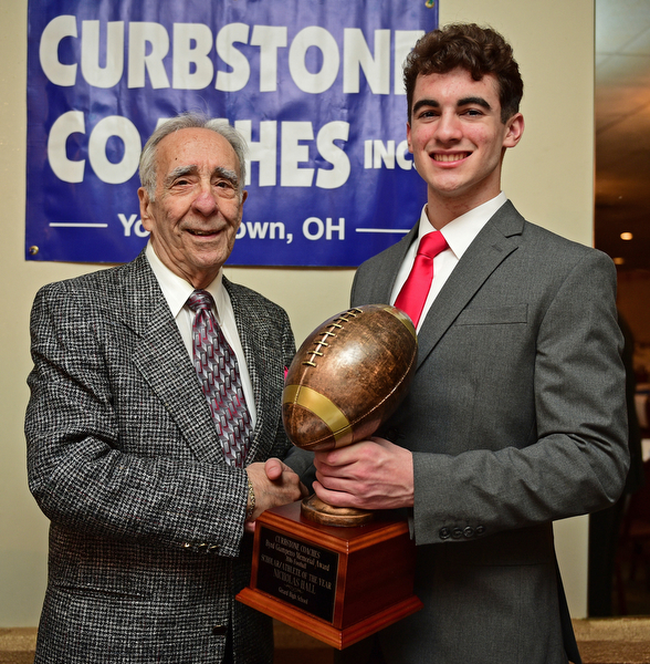 BOARDMAN, OHIO - JANUARY 29, 2017: Nick Hall of Girard poses for a picture with Banquet Chairman Sam Rogers after winning the Student Athlete of the Year Scholarship, Sunday evening at the Georgetown. DAVID DERMER | THE VINDICATOR